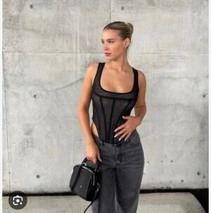 Miaou Campbell Mesh Corset Top Black Sheer Graphic Print Size Small